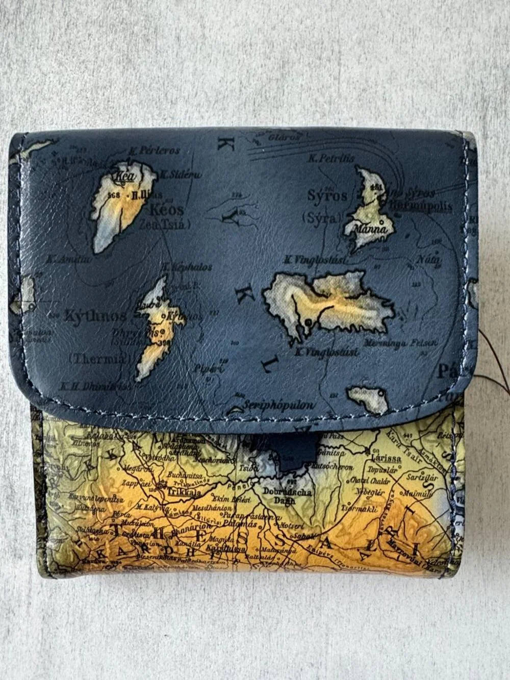 Patricia Nash Astra Greek Map Folding Artistic Leather RFID Wallet Blue Tan